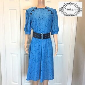 Sue Sherry Vintage Blue Polka Dot Short Sleeve Secretary A-Line Dress Size 40